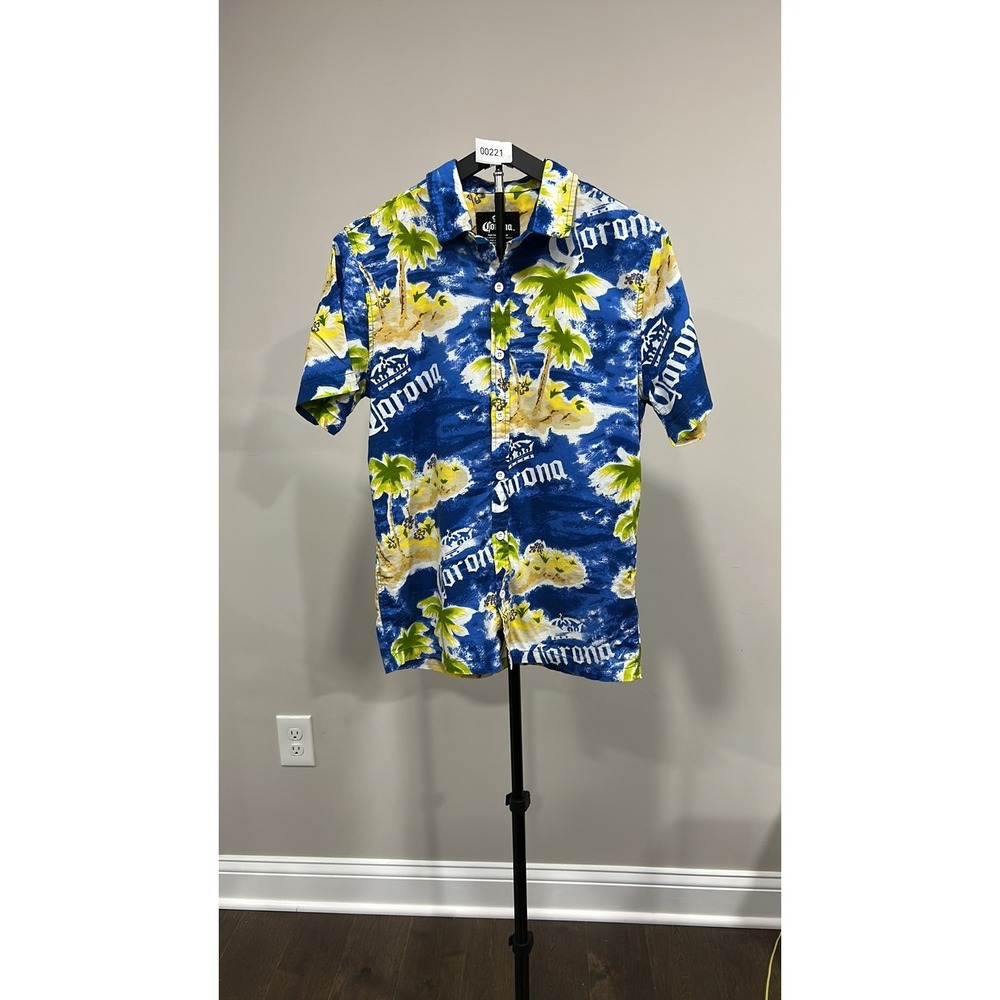 Corona Extra Tropical Palm Tree Hawaiian Shirt Mens Medium Blue Button Down